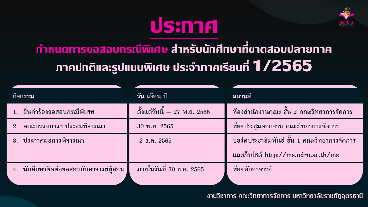 ประกาศ กำหนดการขอสอบกรณีพิเศษ สำหรับนักศึกษาที่ขาดสอบปลายภาค ภาคปกติและรูปแบบพิเศษ ประจำภาคเรียนที่ 1/2565