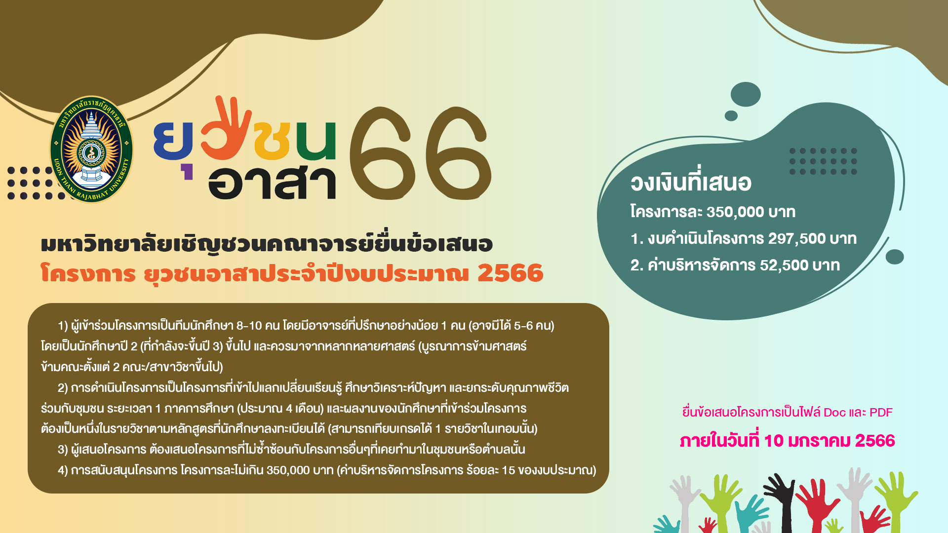 มหาวิทยาลัยเชิญชวนคณาจารย์ยื่นข้อเสนอ โครงการ ยุวชนอาสาประจำปีงบประมาณ 2566