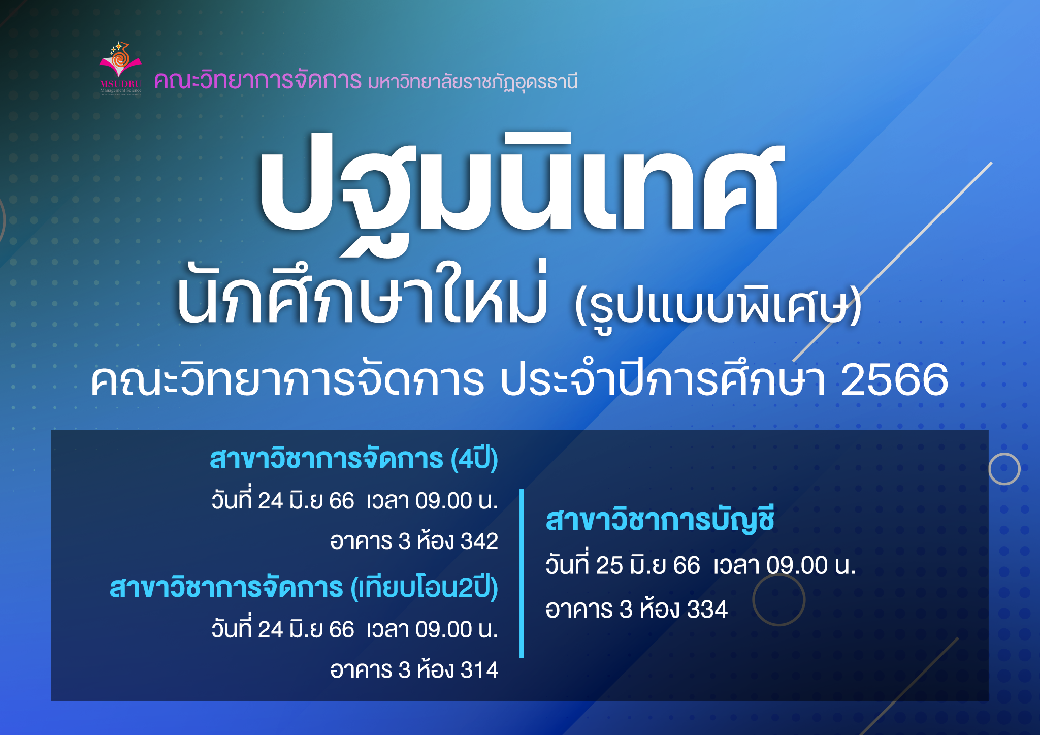 ปฐมนิเทศนักศึกษาใหม่ (รูปแบบพิเศษ) คณะวิทยาการจัดการ ประจำปีการศึกษา 2566