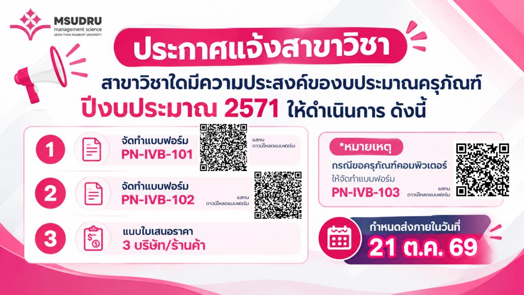 ประกาศแจ้ง สาขาวิชาใดมีความประสงค์ของบประมาณครุภัณฑ์ ปีงบประมาณ 2571